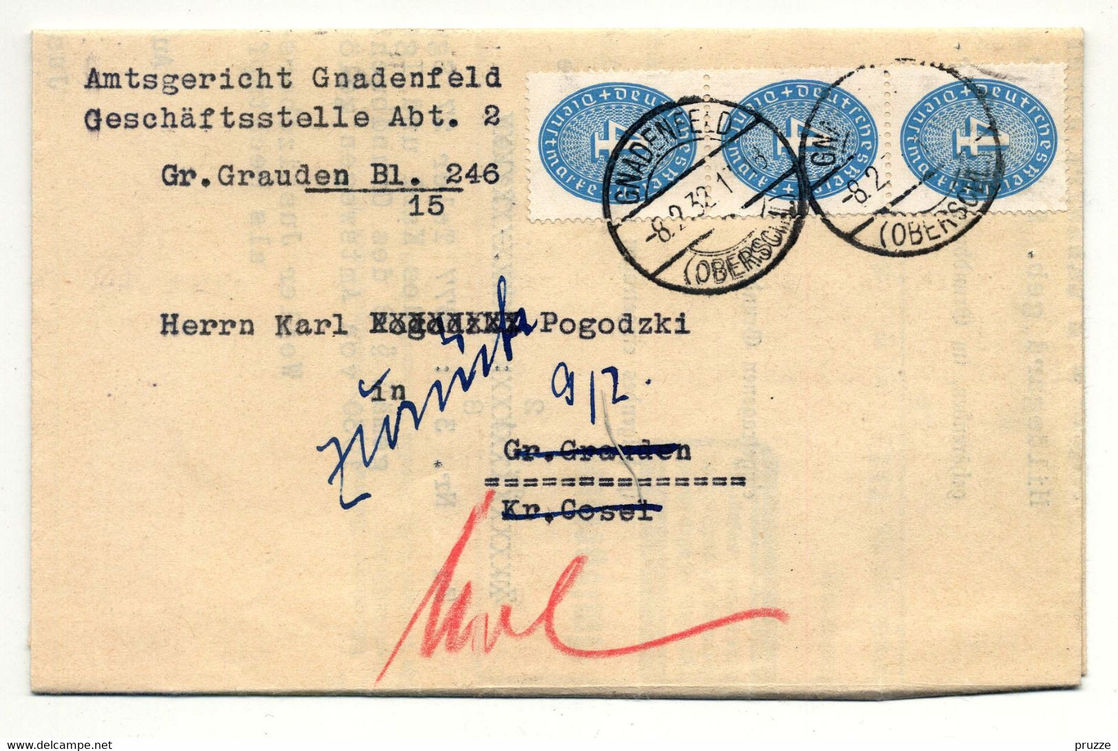 Amtsgericht Gnadenfeld 1932 Nach Gr. Grauden, Kr. Cosel, Mit Inhalt, Michel-Nr. Dienst 127 - Covers