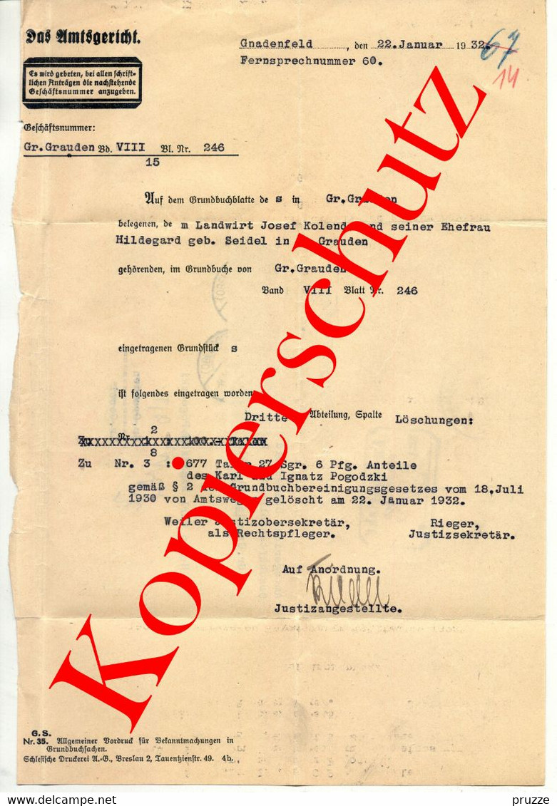 Amtsgericht Gnadenfeld 1932 Nach Gr. Grauden, Kr. Cosel, Mit Inhalt, Michel-Nr. Dienst 127 - Omslagen