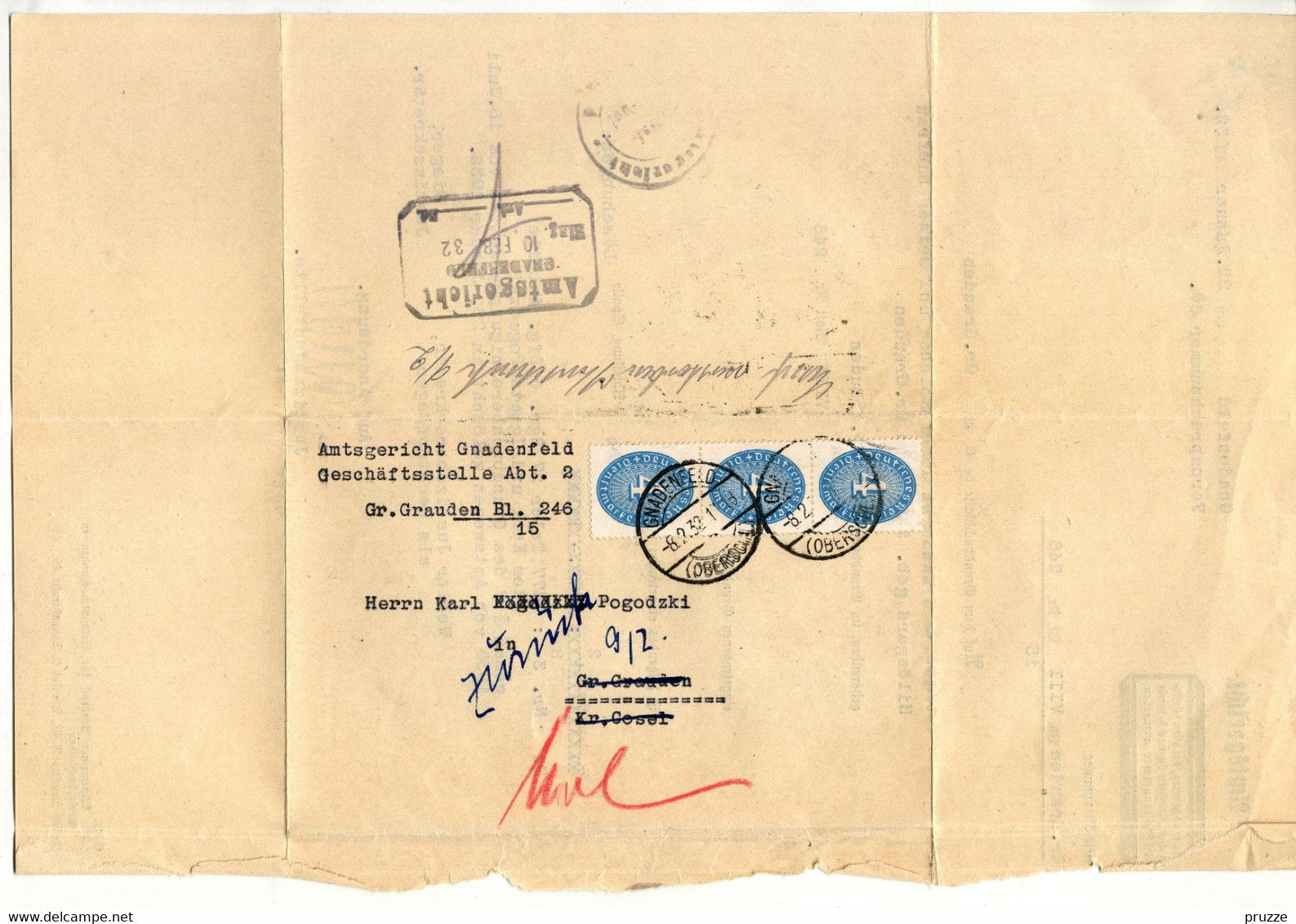 Amtsgericht Gnadenfeld 1932 Nach Gr. Grauden, Kr. Cosel, Mit Inhalt, Michel-Nr. Dienst 127 - Enveloppes