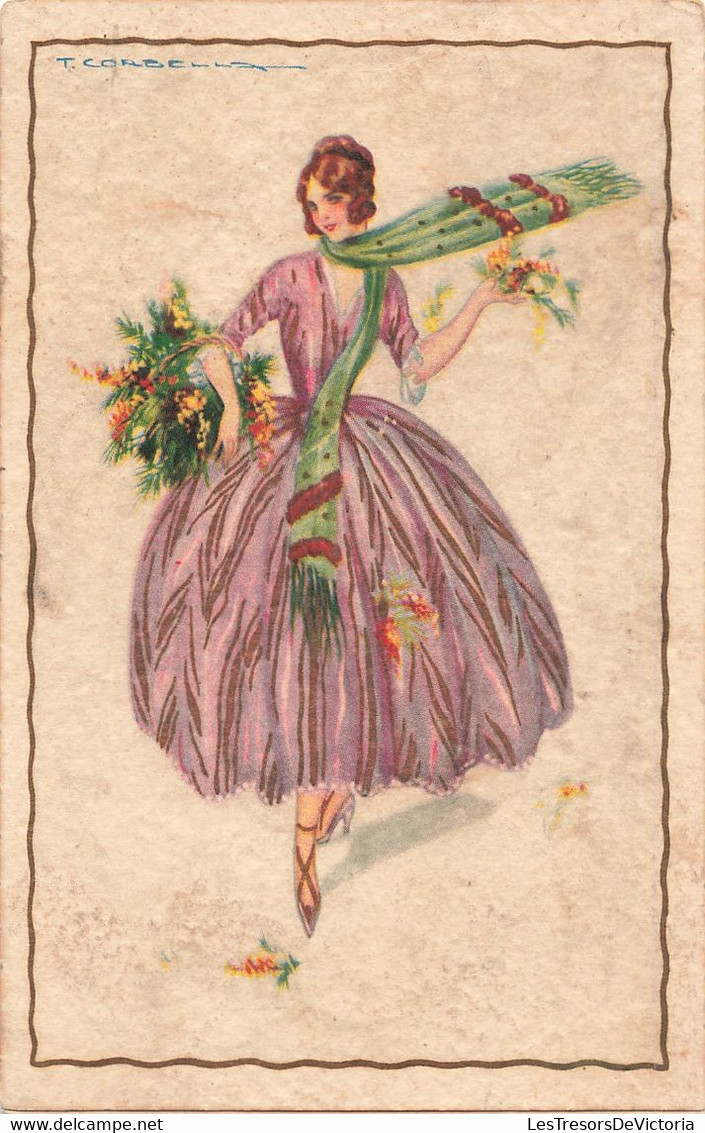 CPA Illustrateur - Corbella - Femme En Robe Rose Et Echarpe Verte Avec Des Fleurs Dans Un Panier - Corbella, T.