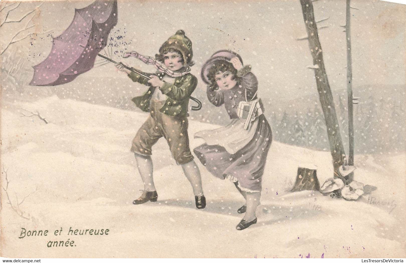 CPA Illustrateur - Enfants Sous La Neige Avec Un Parapluie Retourné - Bonne Et Heureuse Année - Tampon Censure Gepruft - Non Classificati