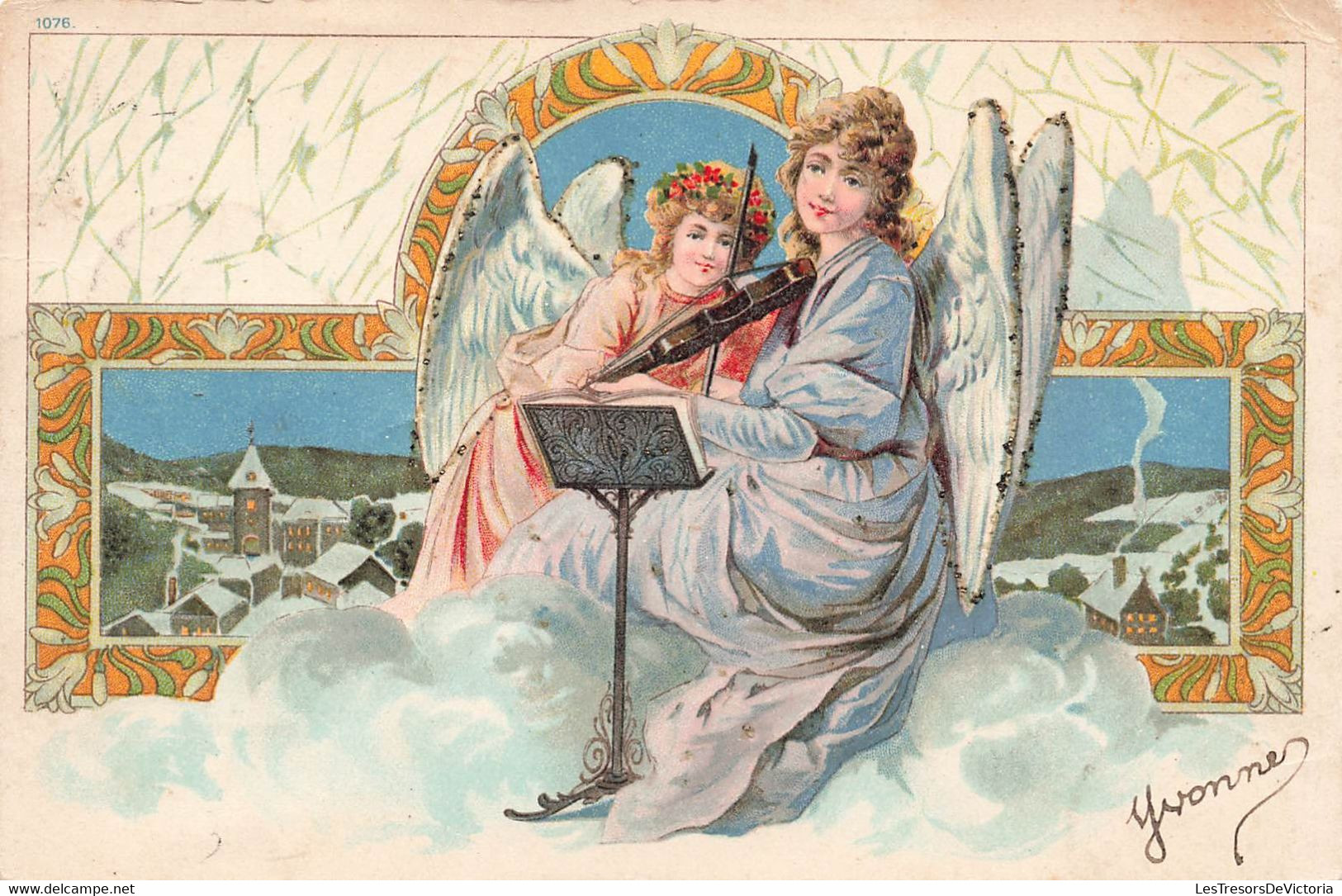 CPA Illustrateur - Deux Anges Avec Décor De Paysage Enneigé - Violon - Ange Violonniste - Non Classés