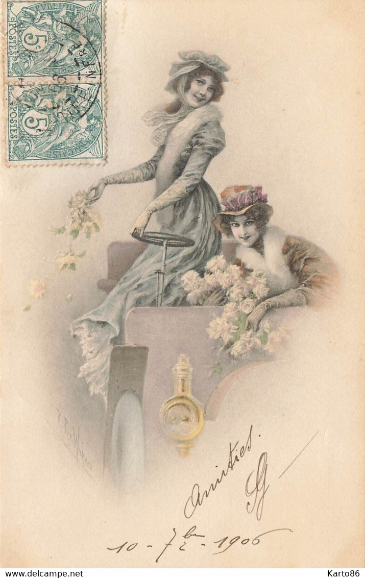 M. M. VIENNE 240 Viennoise * Série 4 CPA Illustrateur * Mode Art Nouveau Jugendstil * Automobile Femmes Mode Fleurs - Mode