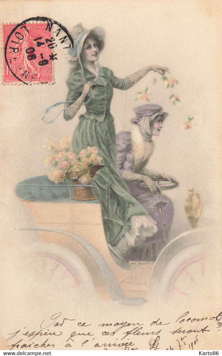 M. M. VIENNE 240 Viennoise * Série 4 CPA Illustrateur * Mode Art Nouveau Jugendstil * Automobile Femmes Mode Fleurs - Mode