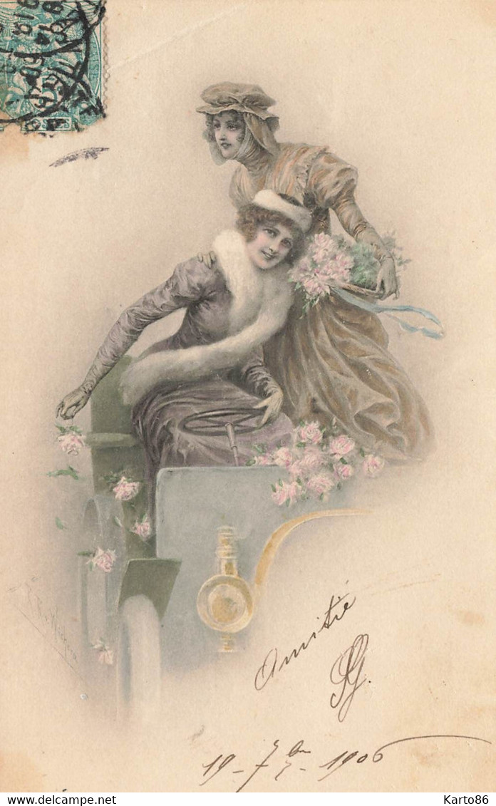 M. M. VIENNE 240 Viennoise * Série 4 CPA Illustrateur * Mode Art Nouveau Jugendstil * Automobile Femmes Mode Fleurs - Mode