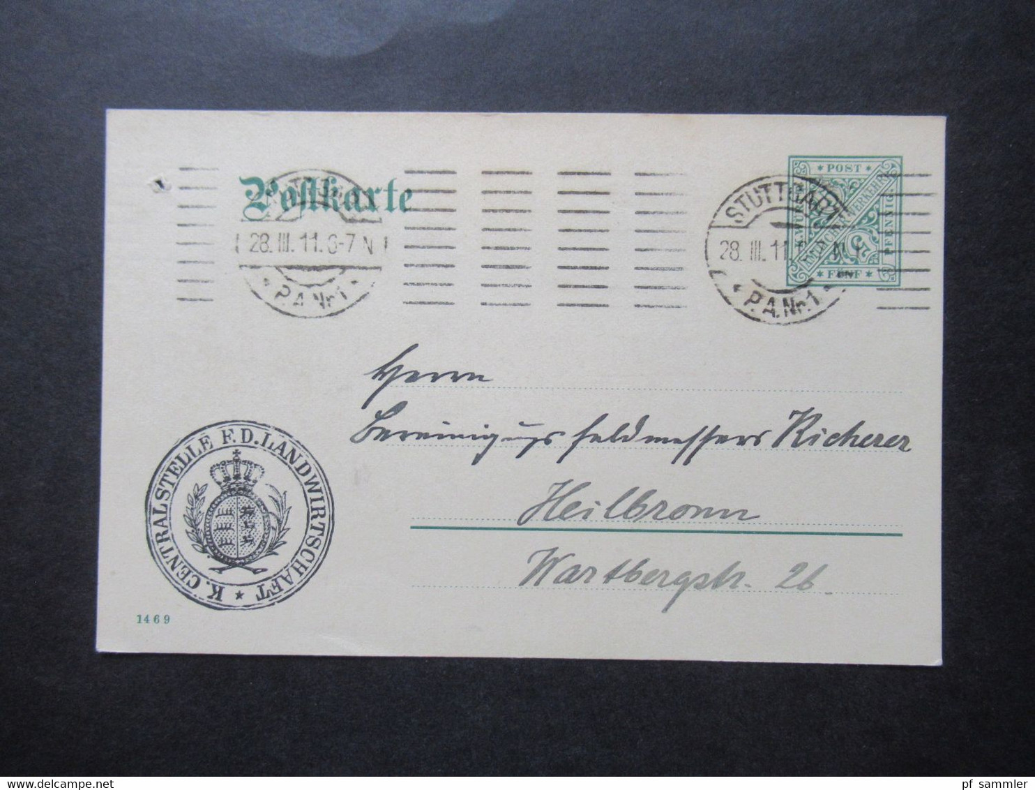 AD Württemberg 1911 Ganzsache Amtlicher Verkehr Dienst PK K. Centralstelle F.D. Landwirtschaft Stempel Stuttgart - Enteros Postales