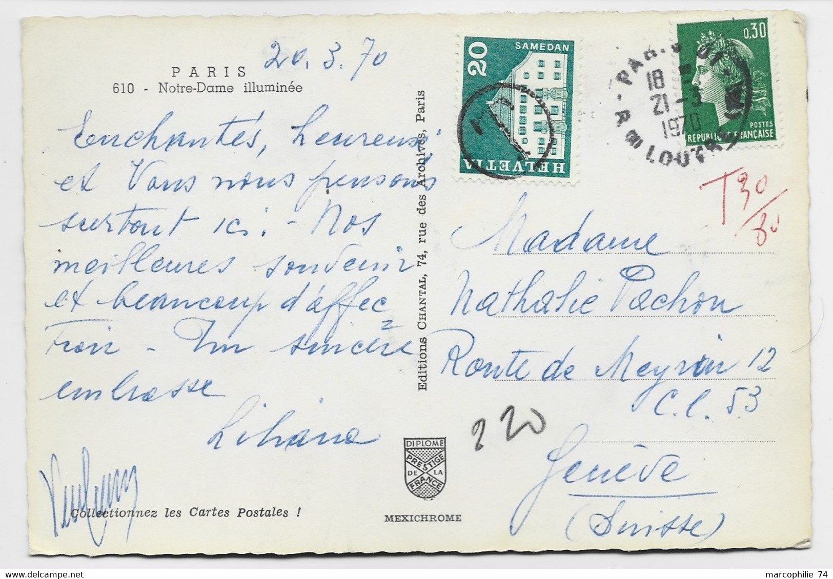 FRANCE CHEFFER 30C VERT SEUL CARTE PARIS 21.3.1970 POUR GENEVE TAXE 20C VERT - 1967-1970 Marianne Of Cheffer