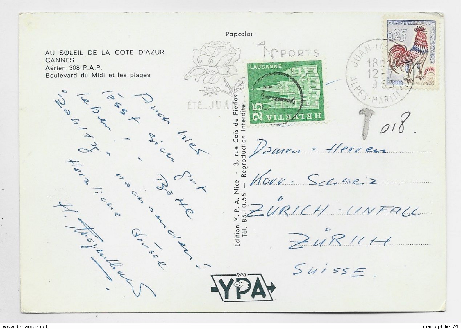 FRANCE COQ DECARIS 25C SEUL CARTE JUAN LES PINS 12.7.1965 POUR ZURICH E TAXE 25C VERT - 1962-1965 Gallo De Decaris