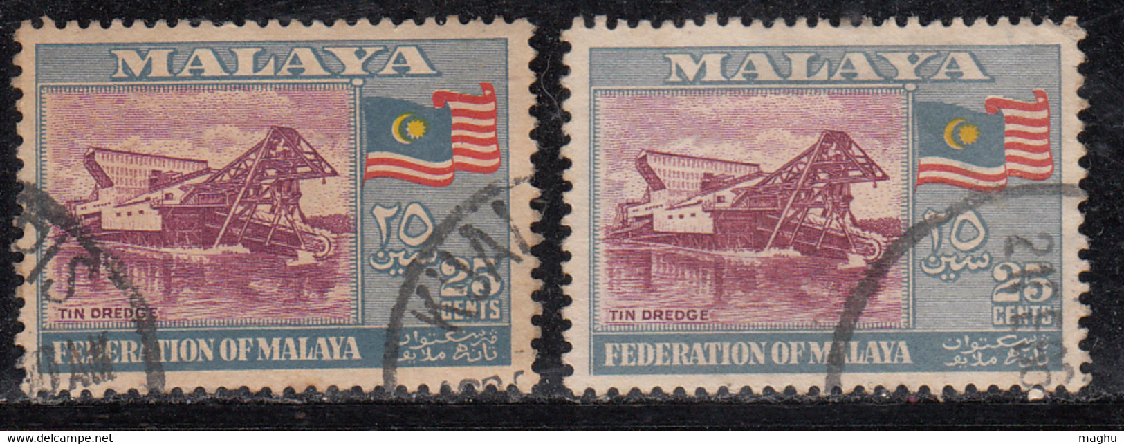 2 Diff., Colour Diff/ Dry Print Variety, Malaysia Used 1957, 25c Tin Dredger, Mineral - Fédération De Malaya