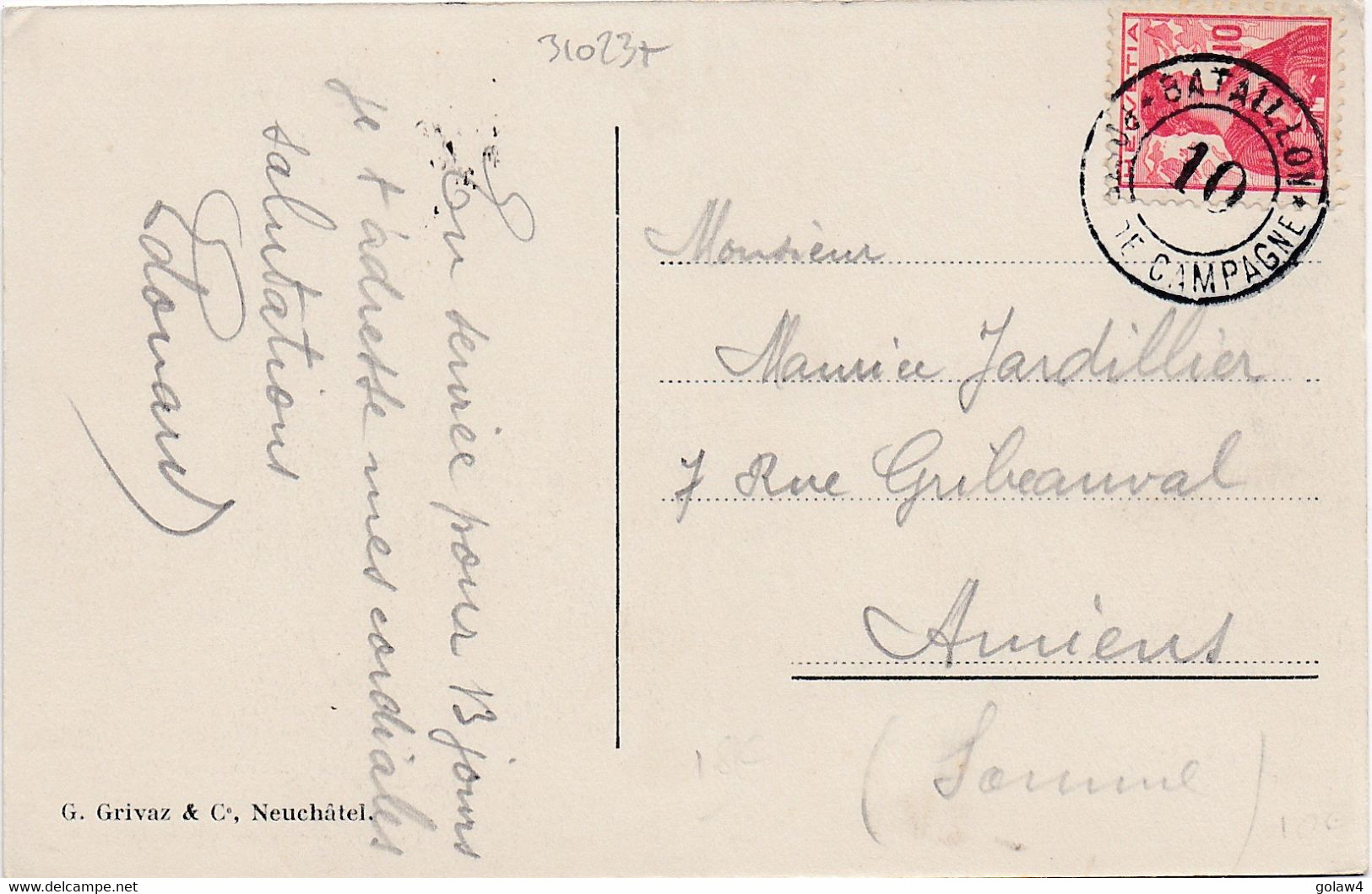 31023# HELVETIA CARTE POSTALE YVONAND Obl 10 BATAILLON POSTE DE CAMPAGNE MILITARIA Pour AMIENS SOMME - Poststempel