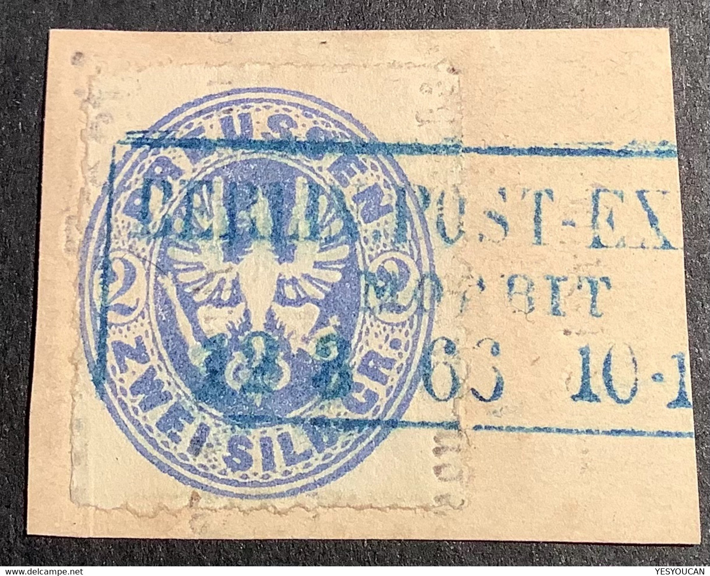 « BERLIN POST-EXP.21 / MOABIT 1866 » Seltener Blauer Stempel Auf Preussen 1861 2 Sgr Mi. 17a Tadellos Briefstück - Gebraucht