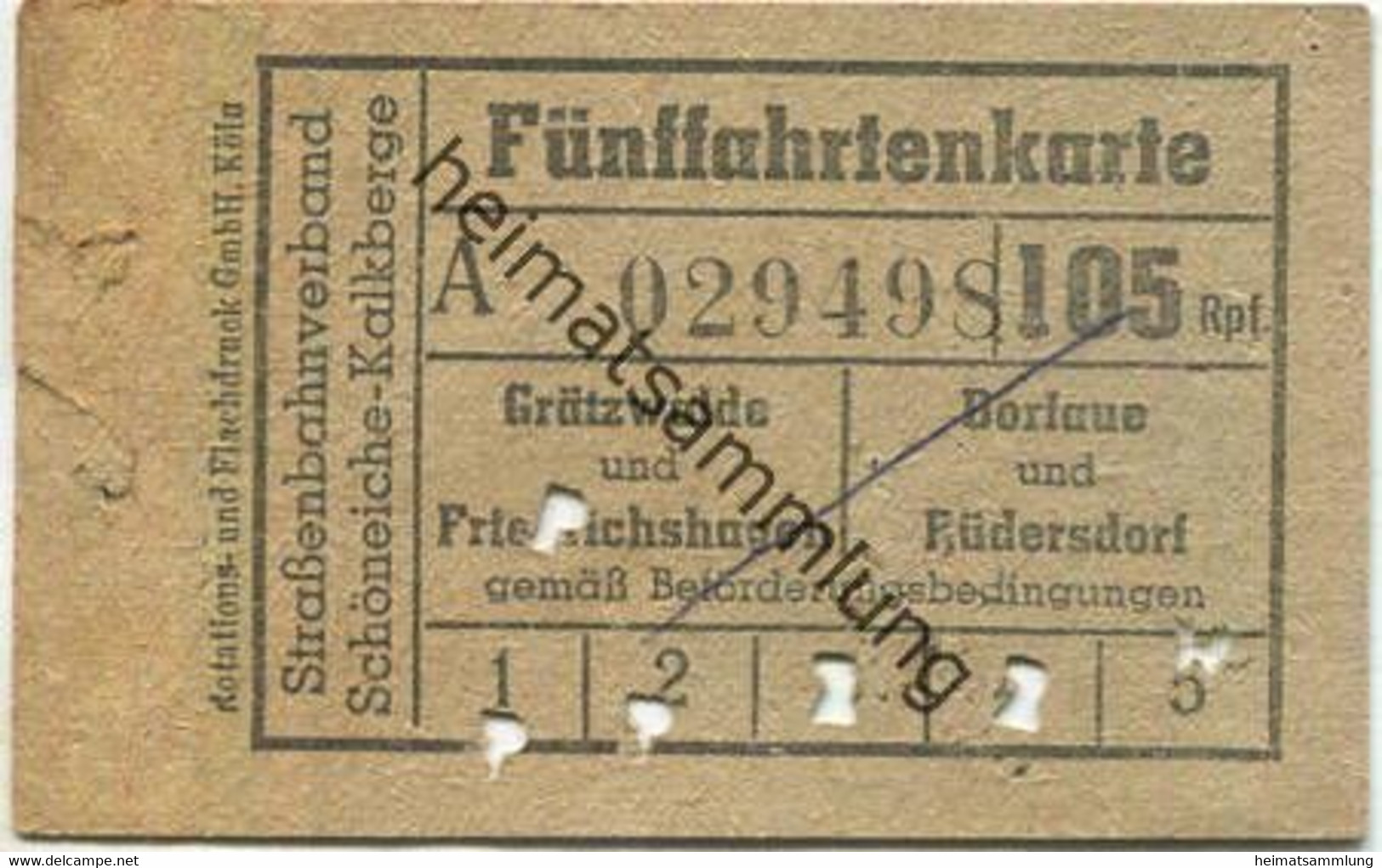 Deutschland - Strassenbahnverband Schöneiche Kalkberge - Fünffahrtenkarte 105Rpf. - Grätzwalde Und Friedrichshagen Oder - Europe