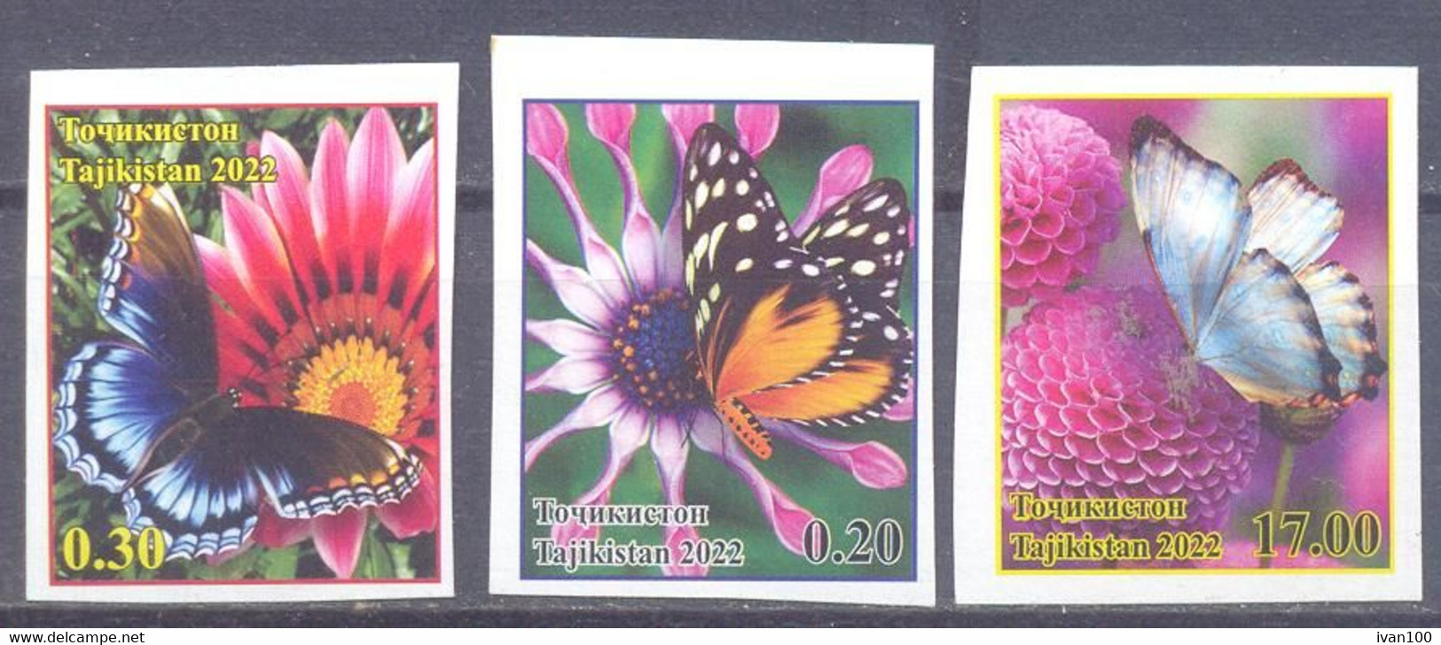 2022. Tajikistan, Butterflies & Flowers  Of Tajikistan, 3v Imperforated, Mint/** - Tadjikistan