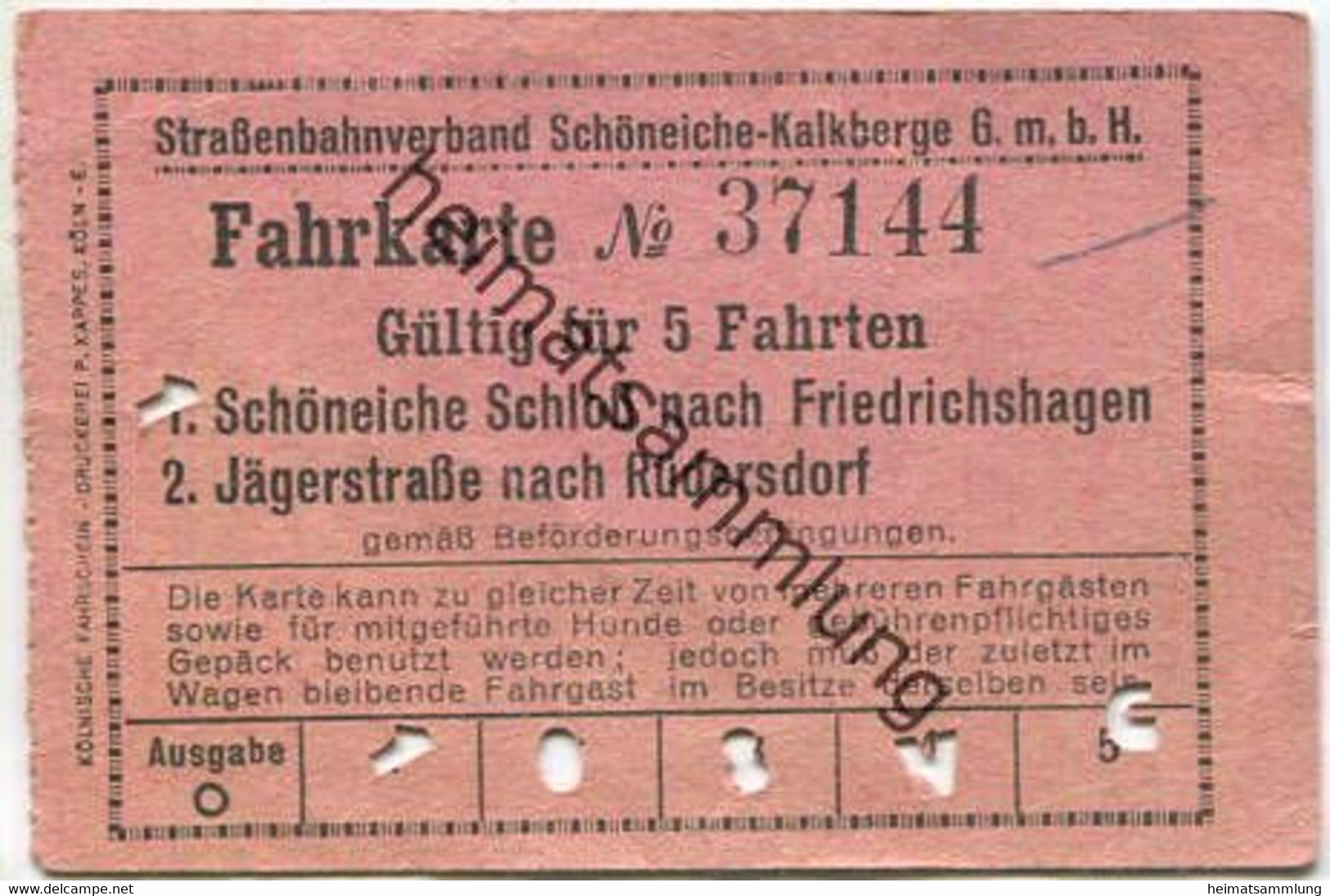 Deutschland - Schöneiche Kalkberge - Strassenbahnverband Schöneiche Kalkberge GmbH - Fahrkarte Gültig Für 5 Fahrten - 1. - Europa