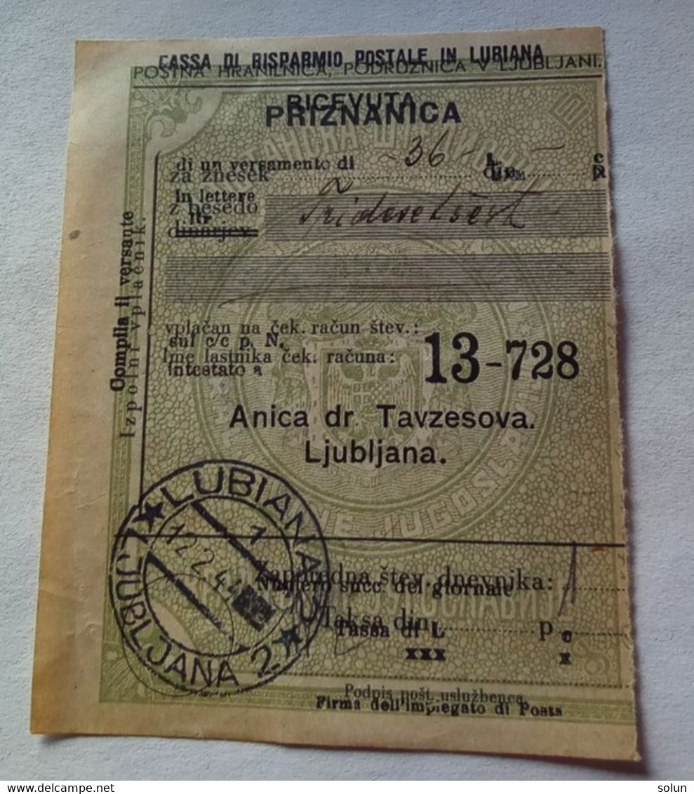 RICEVUTA PRIZNANICA LUBIANA 2 LJUBLJANA 1944 Italia Slovenija Occupazione Okupacija - Ljubljana