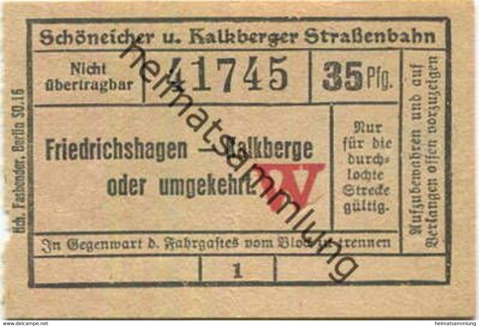 Deutschland - Schöneiche Kalkberge - Schöneicher Und Kalkberger Strassenbahn - Fahrschein 35Pfg. - Friedrichshagen Kalkb - Europe