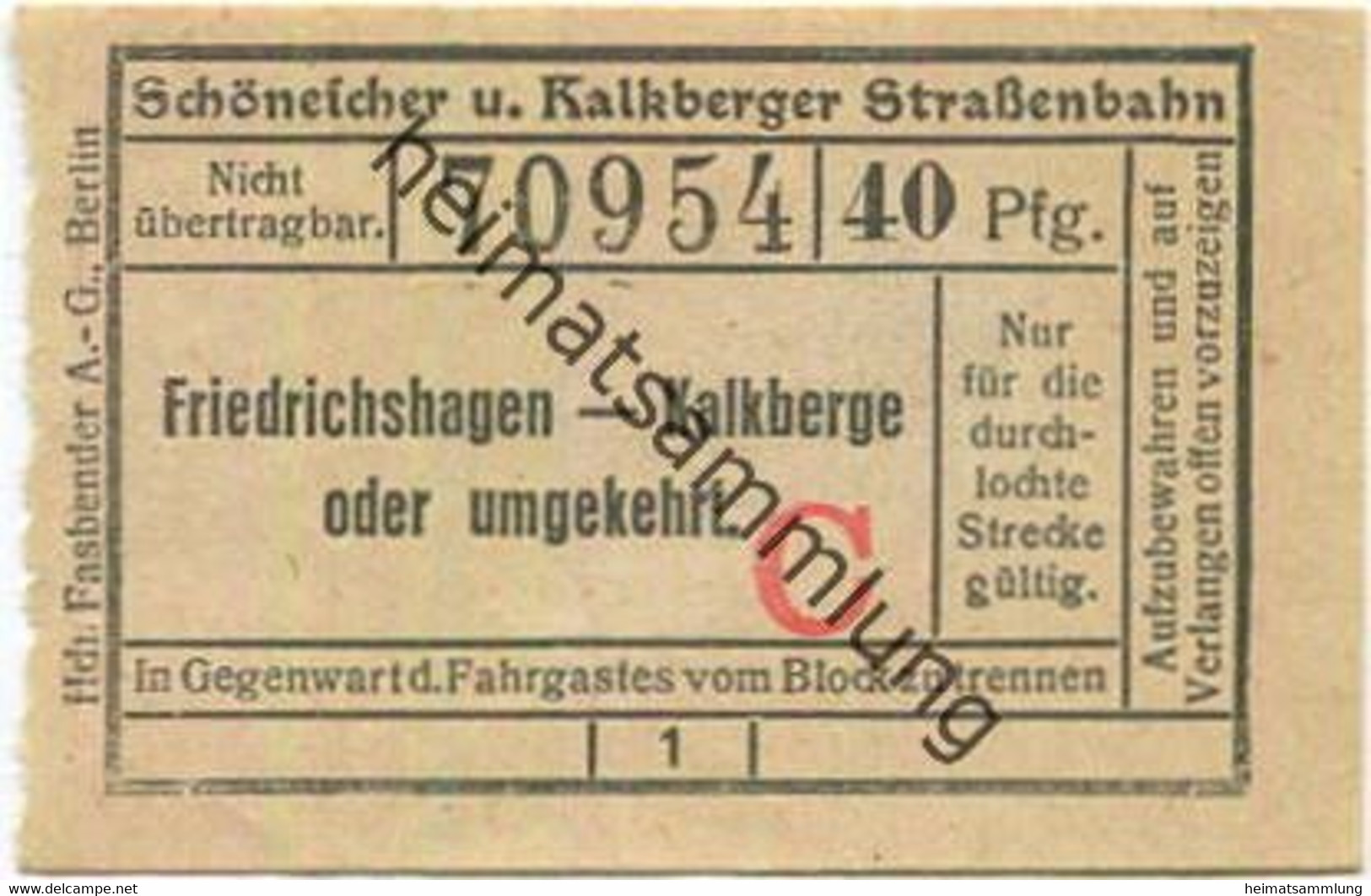 Deutschland - Schöneiche Kalkberge - Schöneicher Und Kalkberger Strassenbahn - Fahrschein 40Pfg. - Friedrichshagen Kalkb - Europa