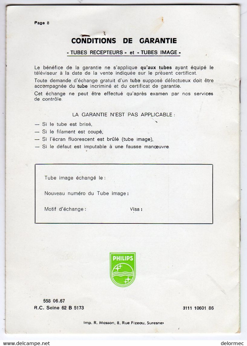 Mode Emploi Et Certificat De Garantie Téléviseur Portable TV TF 1971 Philips Notice Explicative De 8 Pages - Supplies And Equipment