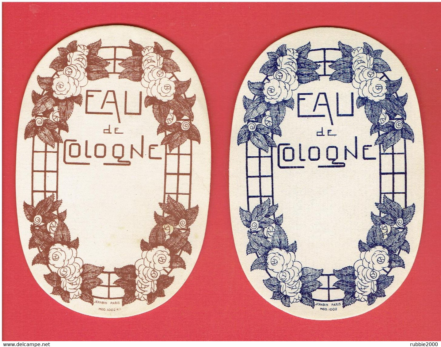 2 ETIQUETTES EAU DE COLOGNE VERS 1920 DECOR FLEURAL IMPRIMEUR JEANBIN A PARIS - Etichette