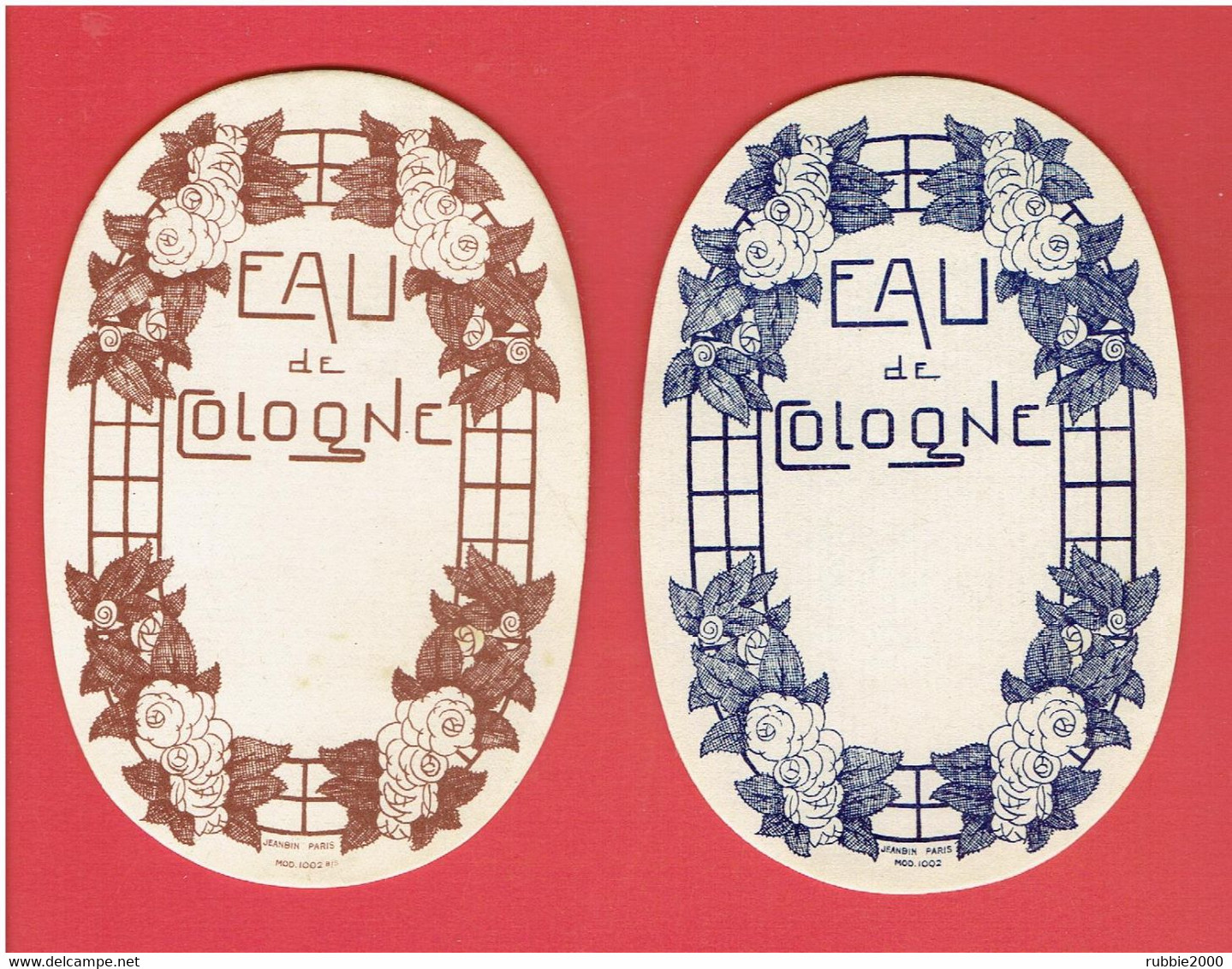 2 ETIQUETTES EAU DE COLOGNE VERS 1920 DECOR FLEURAL IMPRIMEUR JEANBIN A PARIS - Etiquettes