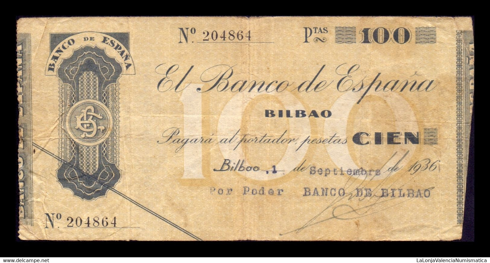 España Spain Guerra Civil Bilbao 100 Pesetas 1936 Pick S554a BC/MBC F/VF - 100 Peseten