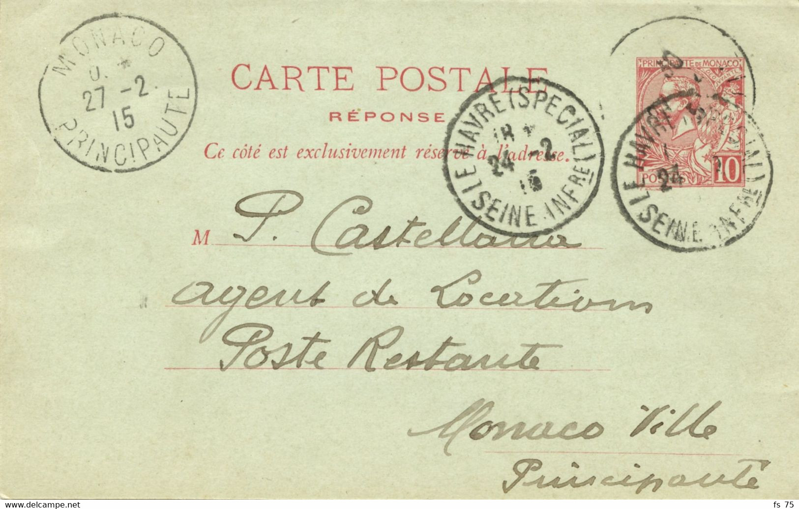 ENTIER CARTE POSTALE REPONSE PAYEE 10C ALBERT 1ER VOLET REPONSE OBLITERE LE HAVRE (SPECIAL), 1915 - Entiers Postaux