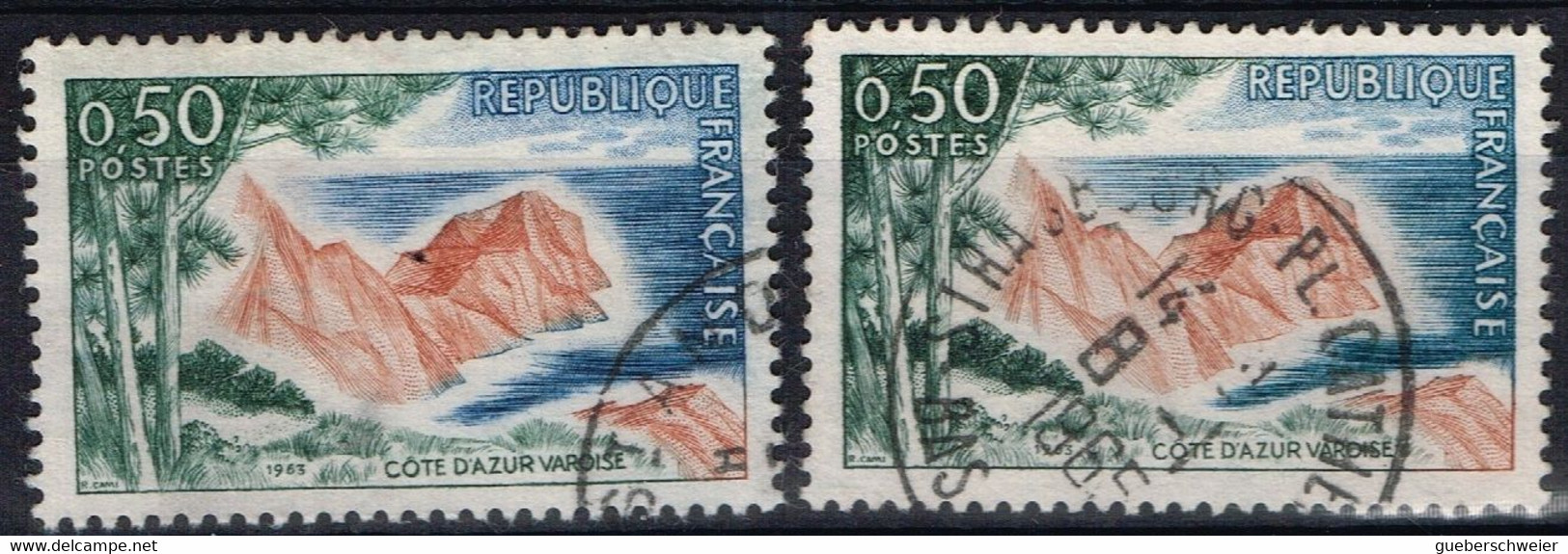 FR VAR 67 - FRANCE N° 1391 Obl. COTE D'AZUR Variété Bas Des Rochers Bleu Avec Timbre Normal - Oblitérés