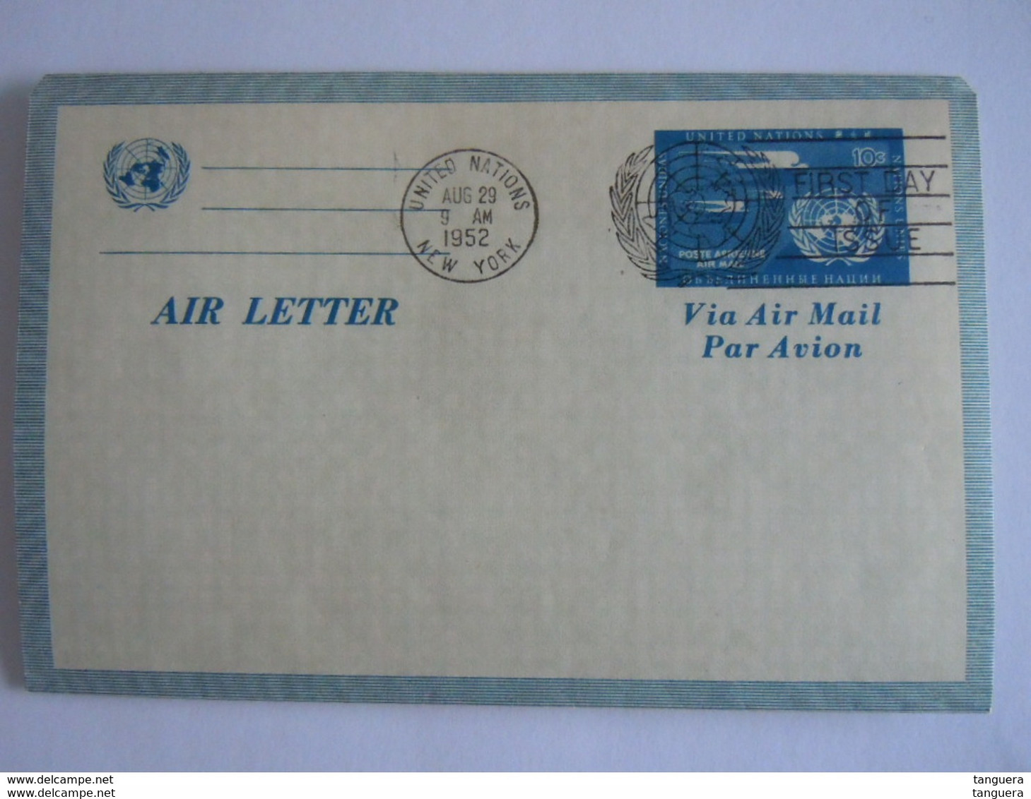 UN UNO United Nations New York Aerogramme Stationery Entier Postal Air Letter 1952 First Day Of Issue - Poste Aérienne