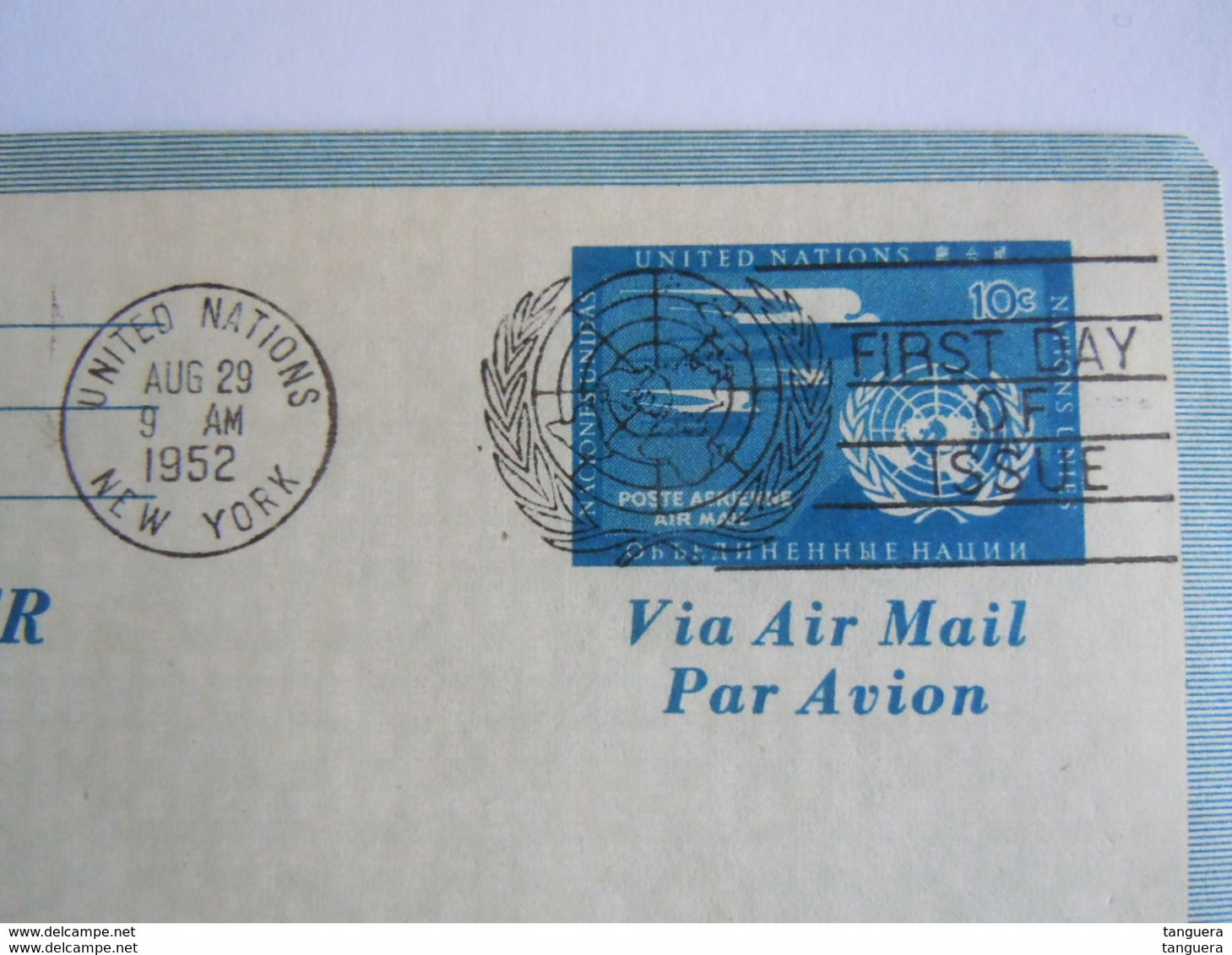 UN UNO United Nations New York Aerogramme Stationery Entier Postal Air Letter 1952 First Day Of Issue - Poste Aérienne