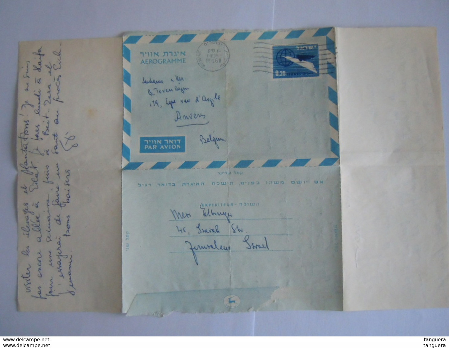 Israel Aerogramme Stationery Entier Postal 1961 0.20 Jerusalem To Anvers Belgium - Luftpost