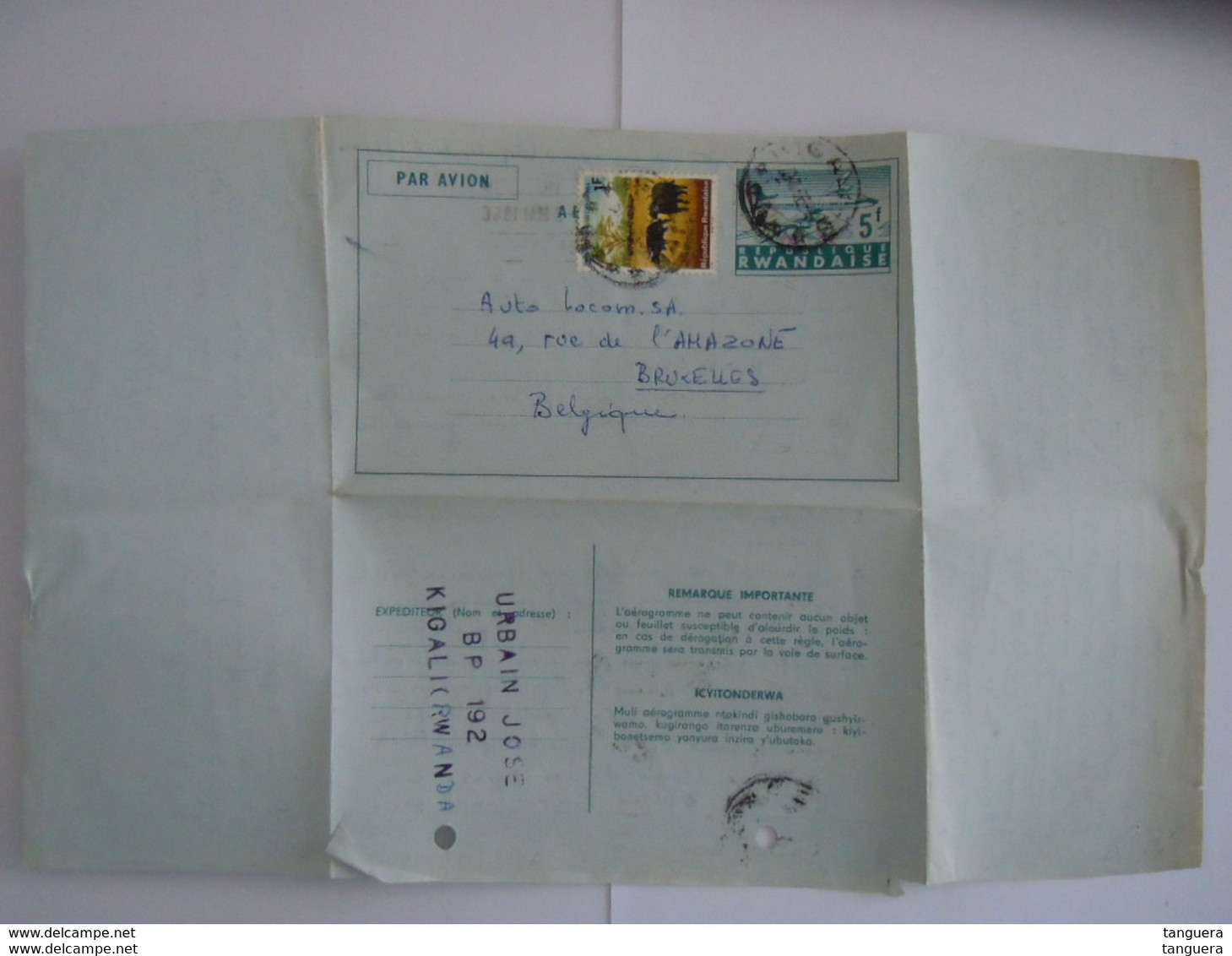 Republique Rwandaise Entier Postal Par Avion Aerogramme 1966 5f + 1f Kigali Demande D'info Sur Achat Fiat 850 Bruxelles - Brieven En Documenten