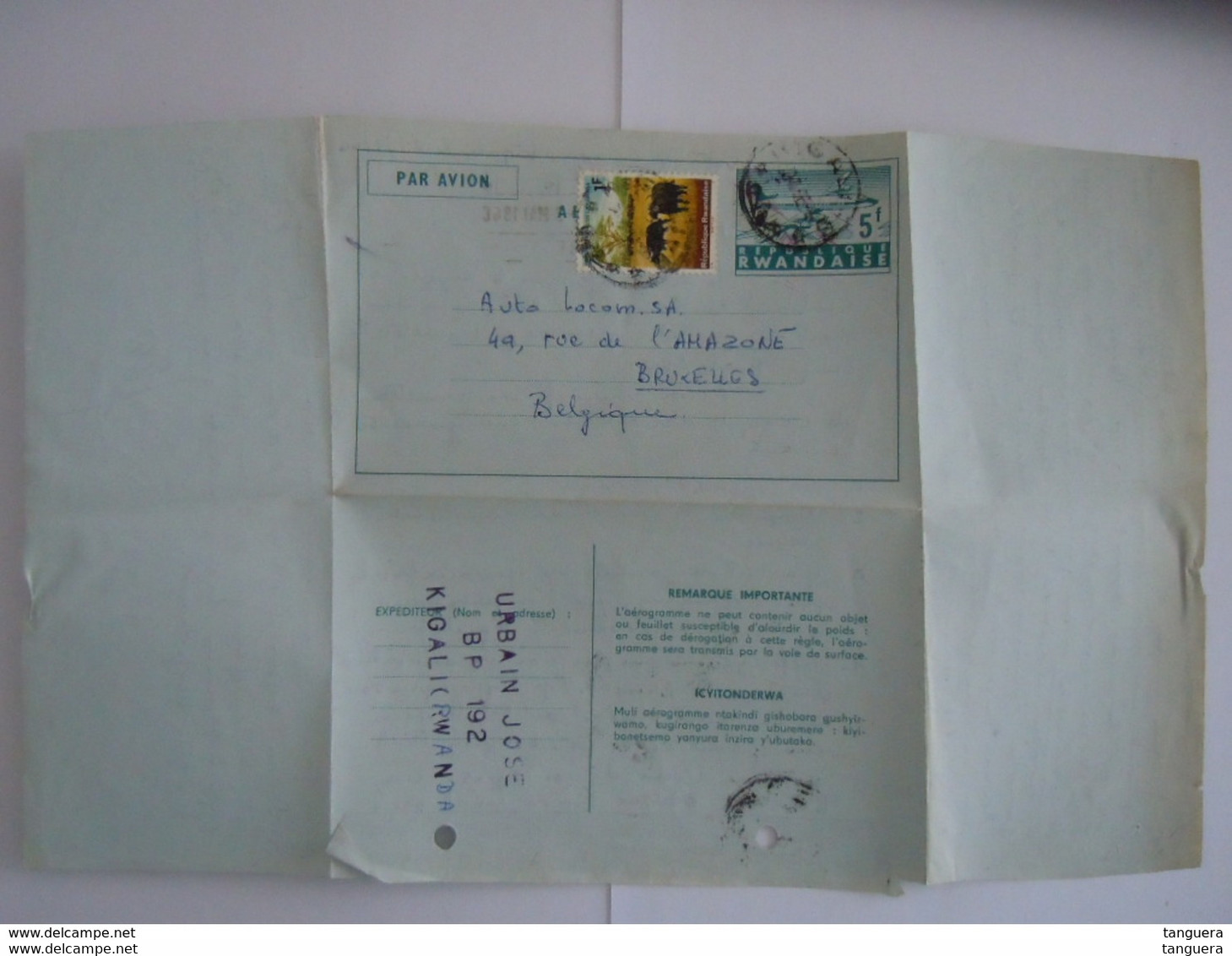 Republique Rwandaise Entier Postal Par Avion Aerogramme 1966 5f + 1f Kigali Demande D'info Sur Achat Fiat 850 Bruxelles - Storia Postale