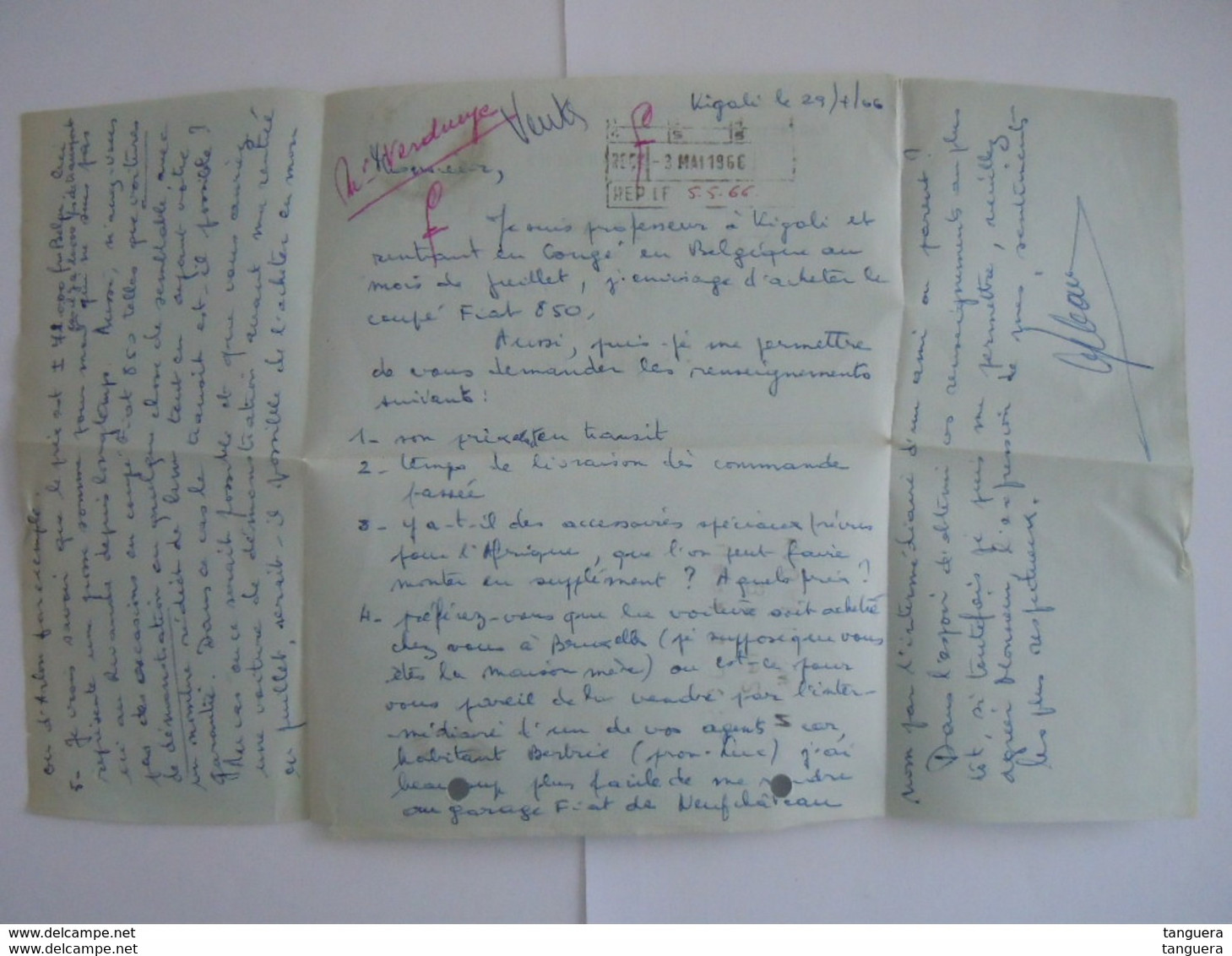 Republique Rwandaise Entier Postal Par Avion Aerogramme 1966 5f + 1f Kigali Demande D'info Sur Achat Fiat 850 Bruxelles - Lettres & Documents