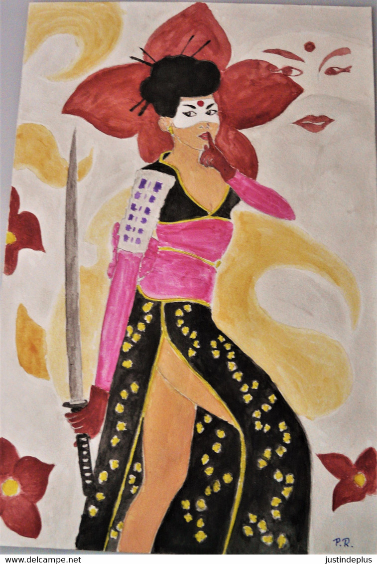 KATANA PIN UP JAPONAISE DESSIN & GOUACHE ORIGINAL FORMAT 20 X 30 - Gouaches