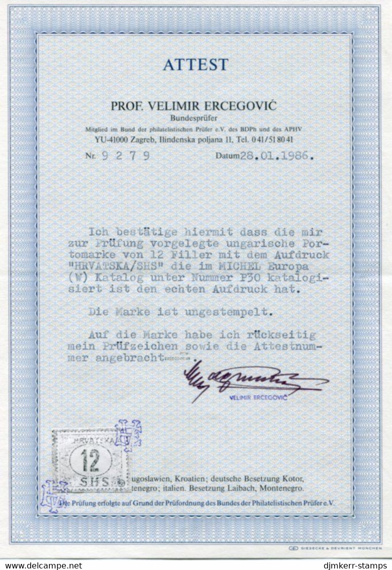 YUGOSLAVIA (SHS) 1918 Hungary Postage Due 12 F.. With Certificate  LHM / *.. Michel Porto 30 - Portomarken