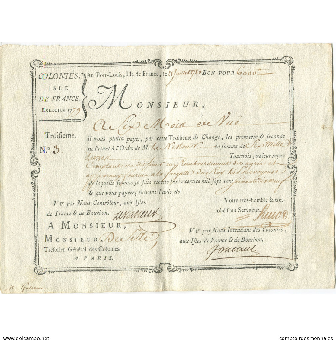 France, Traite, Colonies, Isle De France, 6000 Livres, La Pourvoyeuse, 1780, SUP - ...-1889 Anciens Francs Circulés Au XIXème