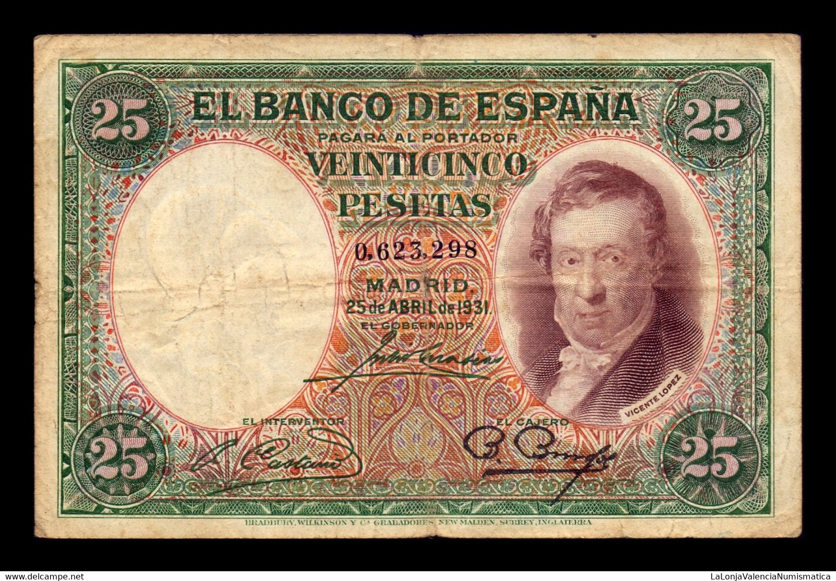 España Spain 25 Pesetas Vicente López 1931 Pick 81 BC/MBC F/VF - 25 Peseten