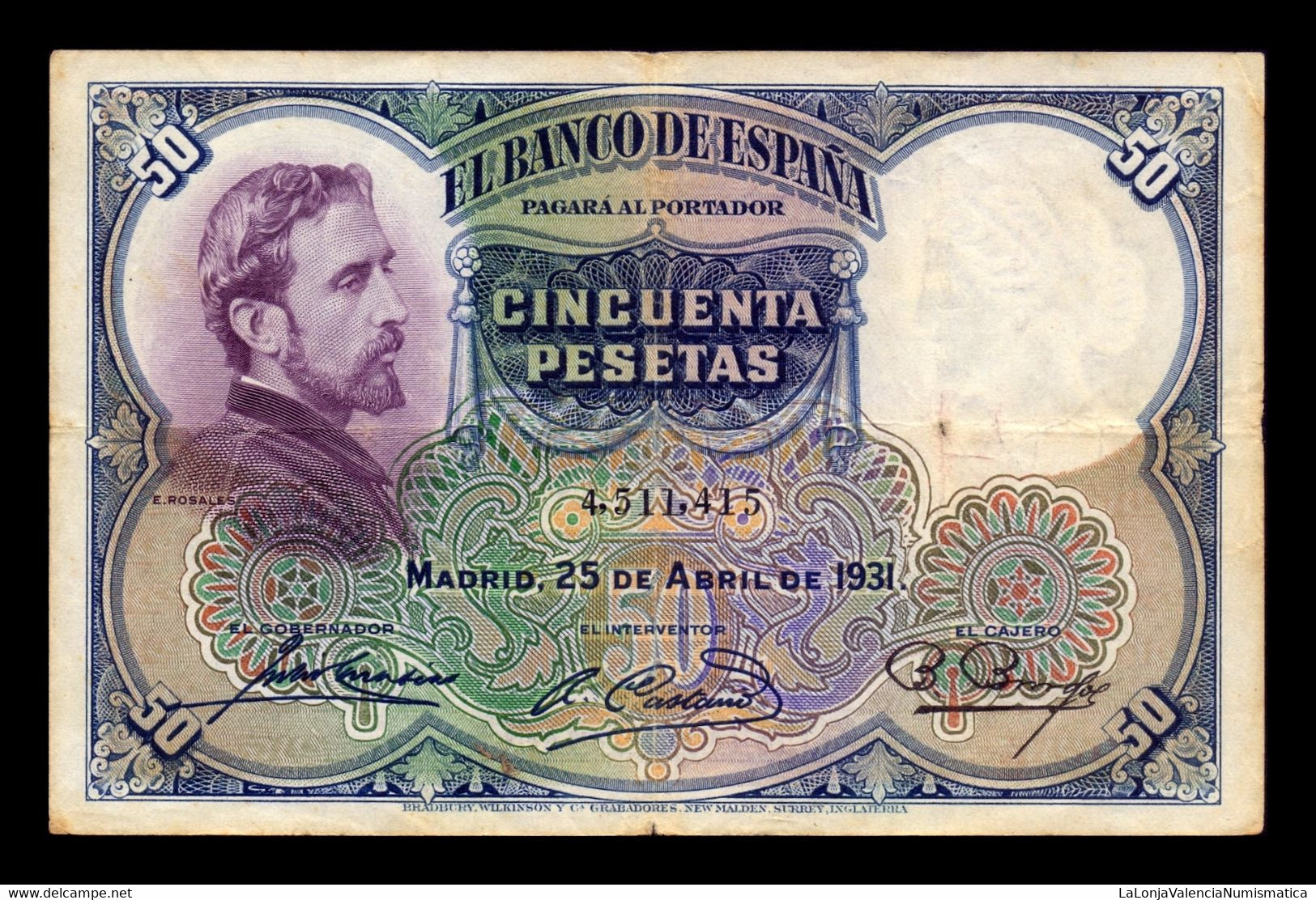 España Spain 50 Pesetas E. Rosales 1931 Pick 82 BC/MBC F/VF - 50 Pesetas