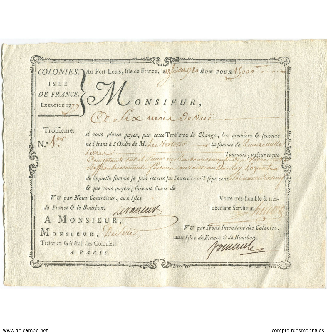 France, Traite, Colonies, Isle De France, 15000 Livres, L'Orient, 1780, SUP - ...-1889 Circulated During XIXth