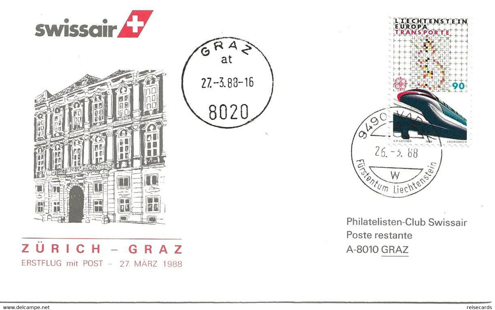 Liechtenstein: 1988 Swissair Air Mail Brief Zürich - Graz - Storia Postale