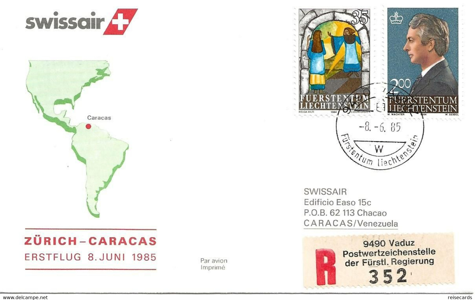 Liechtenstein: 1985 Swissair Air Mail Brief Zürich - Caracas - Lettres & Documents