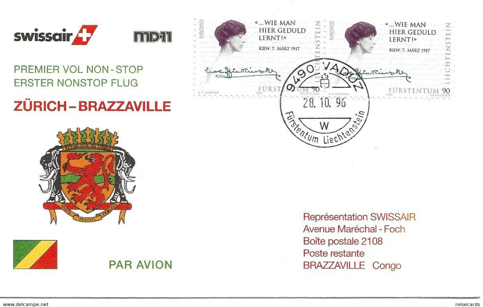 Liechtenstein: 1996 Swissair Air Mail Brief Zürich - Brazzaville (nonstop) - Cartas & Documentos