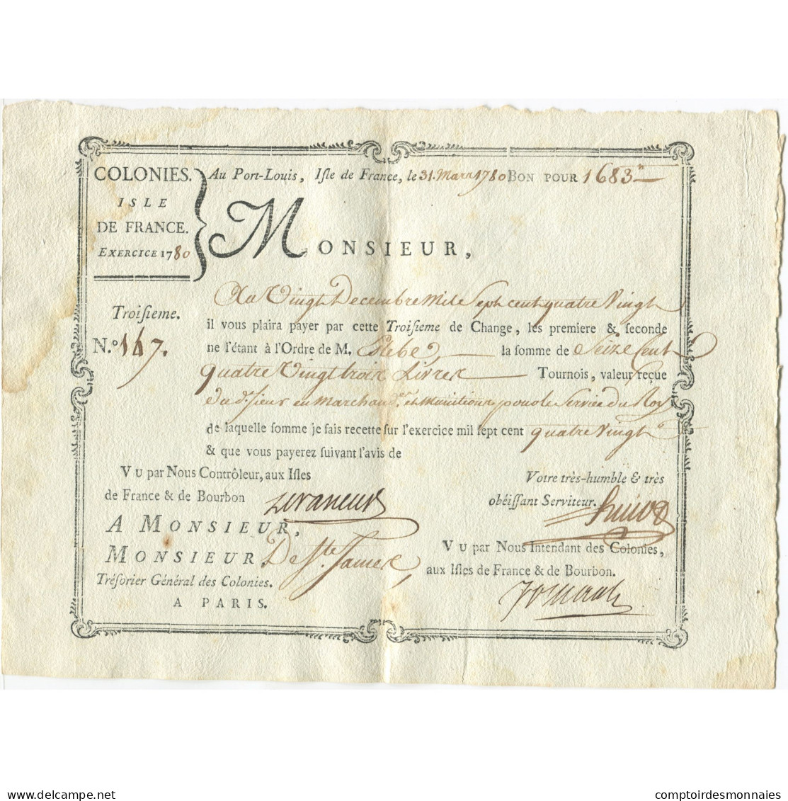 France, Traite, Colonies, Isle De France, 1683 Livres, 1780, TTB - ...-1889 Circulated During XIXth