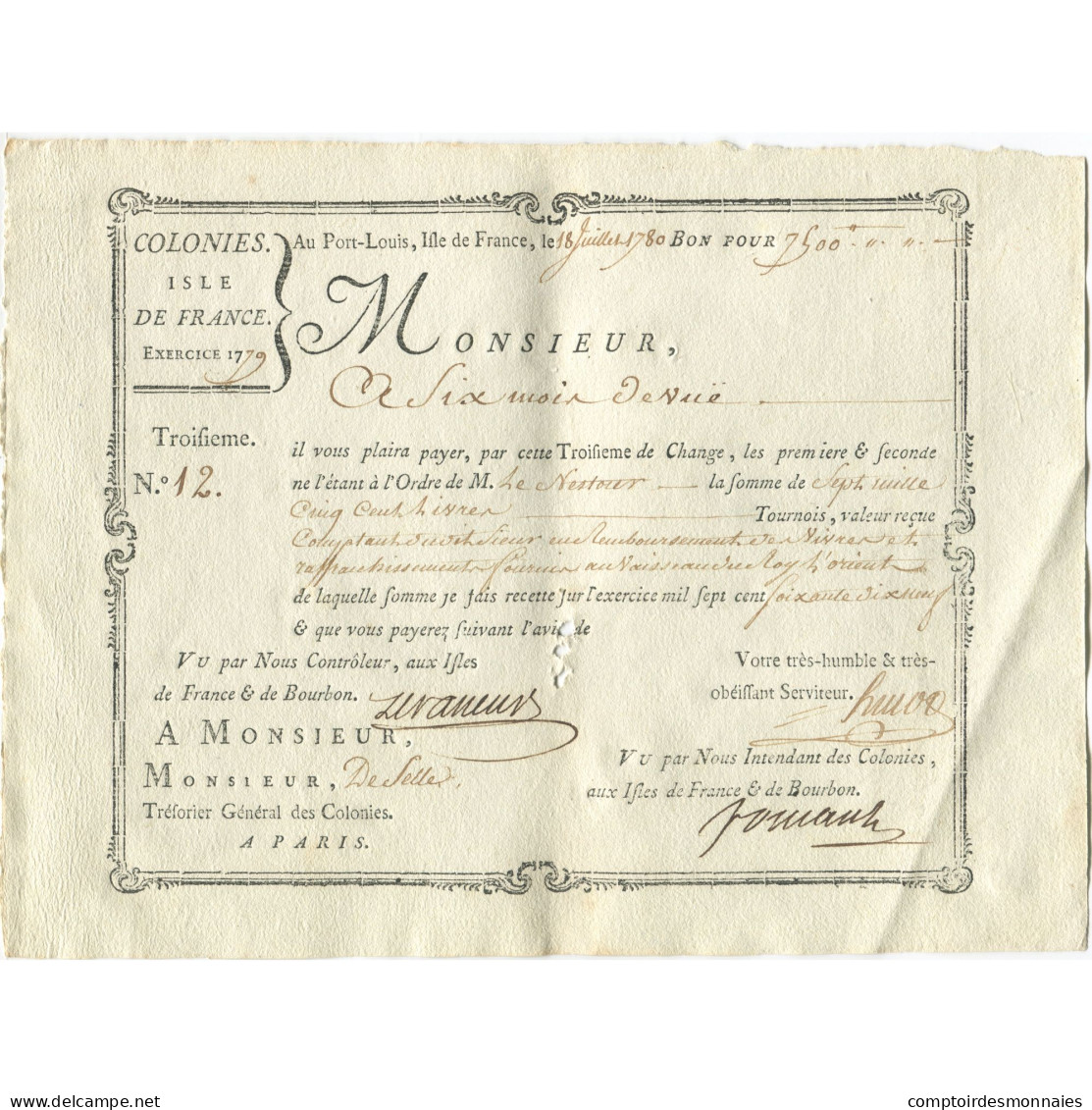 France, Traite, Colonies, Isle De France, 7500 Livres, L'Orient, 1780, SUP - ...-1889 Francs Im 19. Jh.