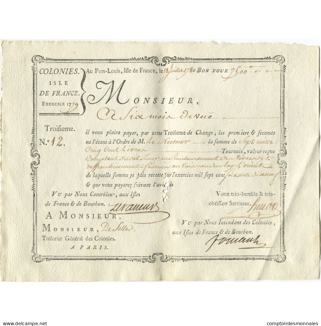 France, Traite, Colonies, Isle De France, 7500 Livres, L'Orient, 1780, SUP - ...-1889 Francos Ancianos Circulantes Durante XIXesimo