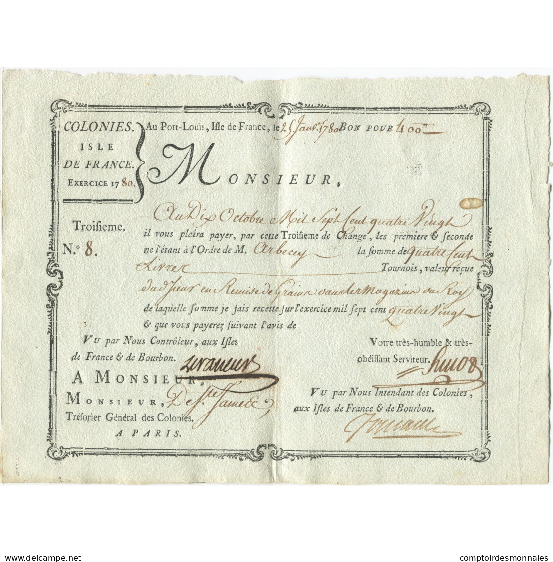 France, Traite, Colonies, Isle De France, 400 Livres, 1780, SUP - ...-1889 Circulated During XIXth