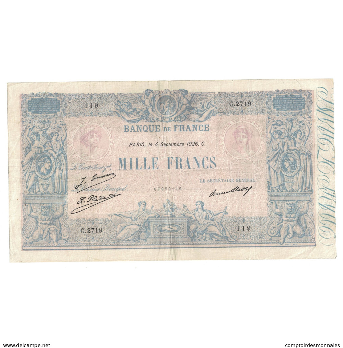 France, 1000 Francs, Bleu Et Rose, 1926, C.2719, TB+, Fayette:36.43, KM:67k - 1 000 F 1889-1926 ''Bleu Et Rose''