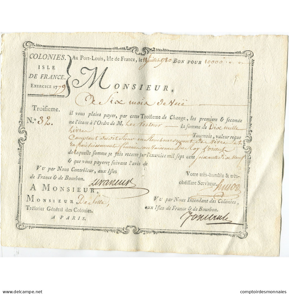 France, Traite, Colonies, Isle De France, 10000 Livres, L'Orient, 1780, SUP - ...-1889 Circulated During XIXth