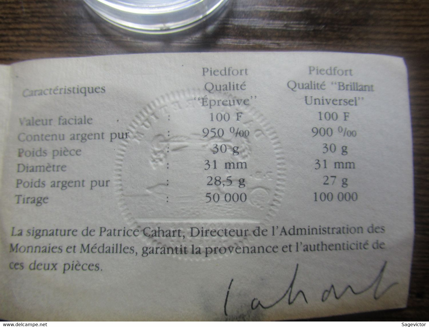 PiéfortS  2 Piéforts De 100 FRANCS 1987 Descarts Bu Et BE  + Certificat - Essays & Proofs