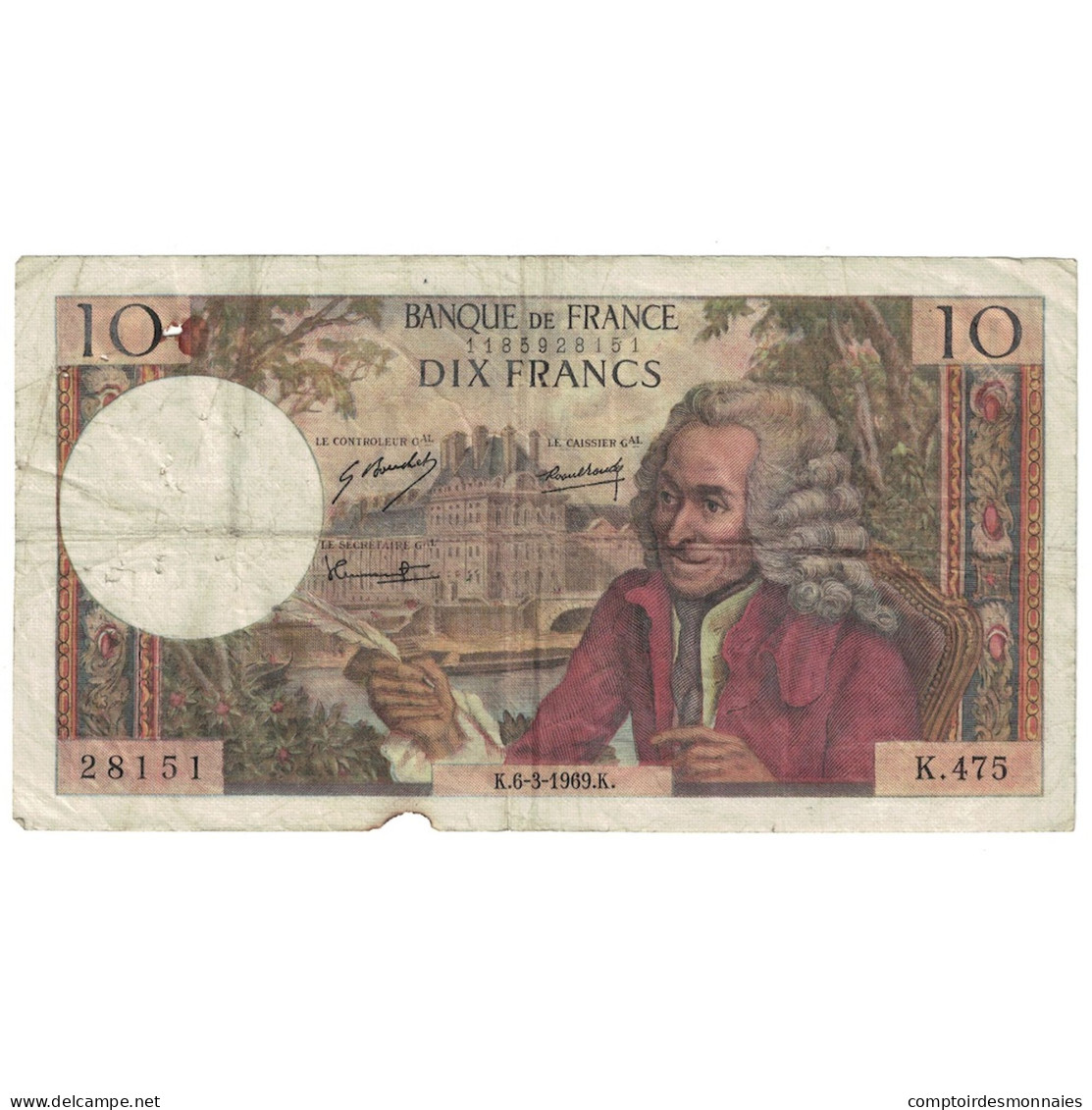 France, 10 Francs, Voltaire, 1969, K.475, B+, Fayette:62.37, KM:147c - 10 F 1963-1973 ''Voltaire''